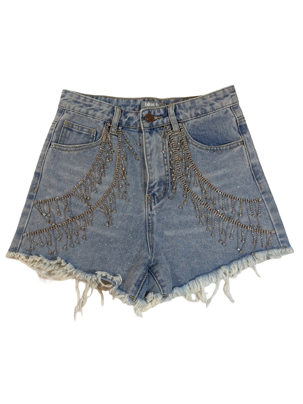 Blue B Collection Crystal Fringe Denim Cutoff Shorts High Rise Small Rhinestone